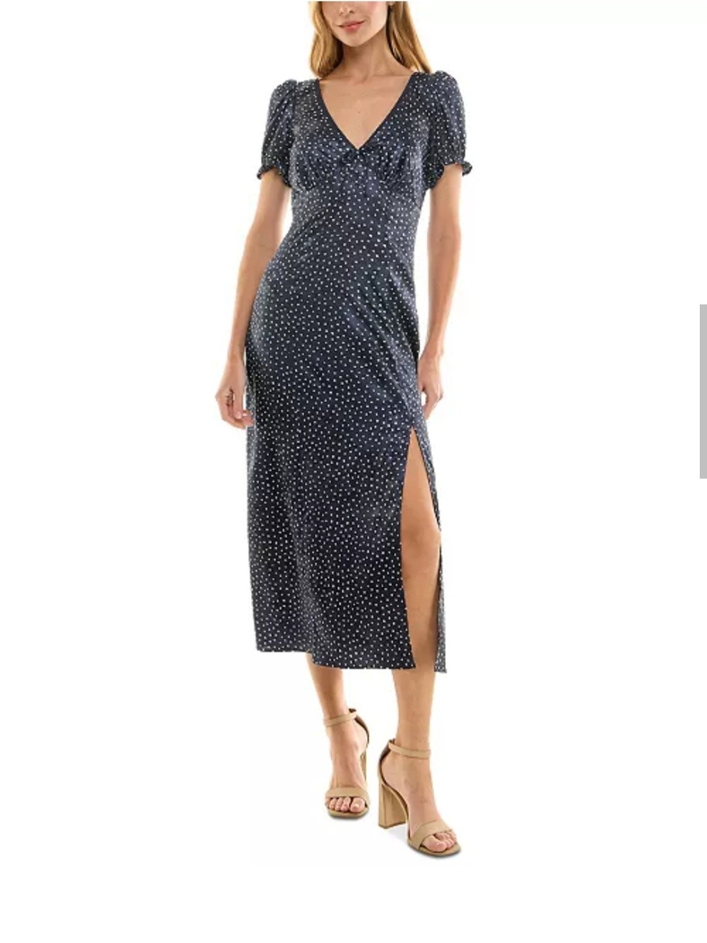Crystal Doll Navy Polka Dot V-Neck Midi Dress